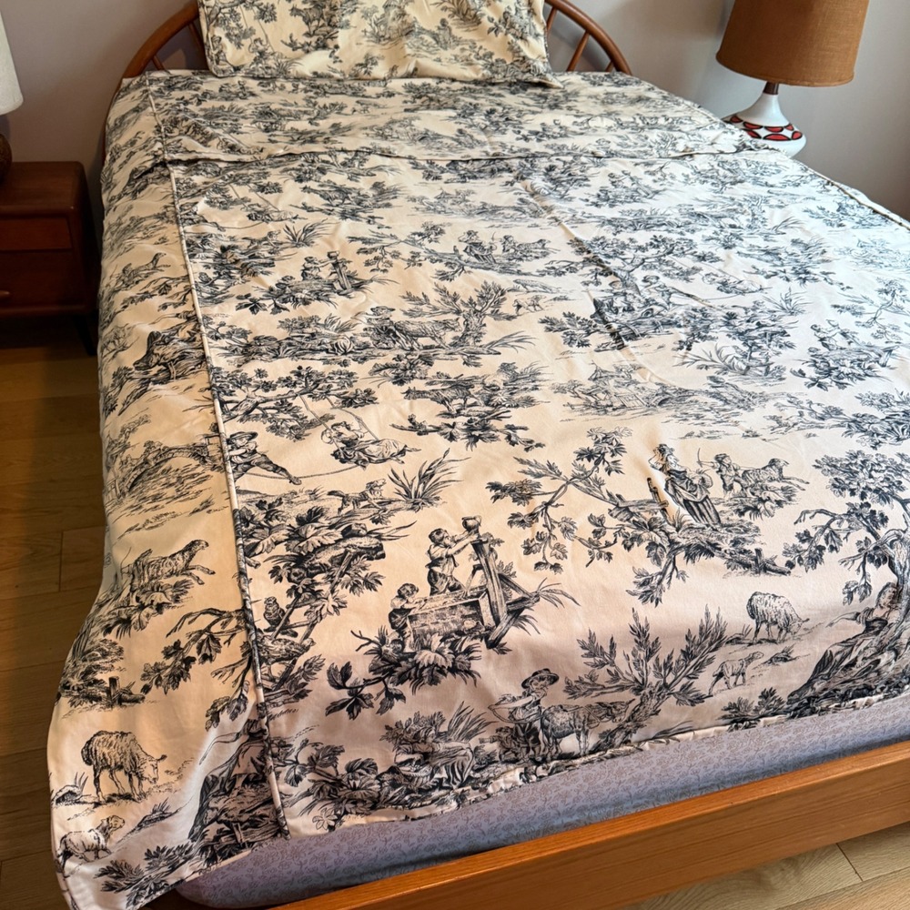 Vintage Country Curtains Toile Bedspread Twin Set Black Ivory Cotton USA Made